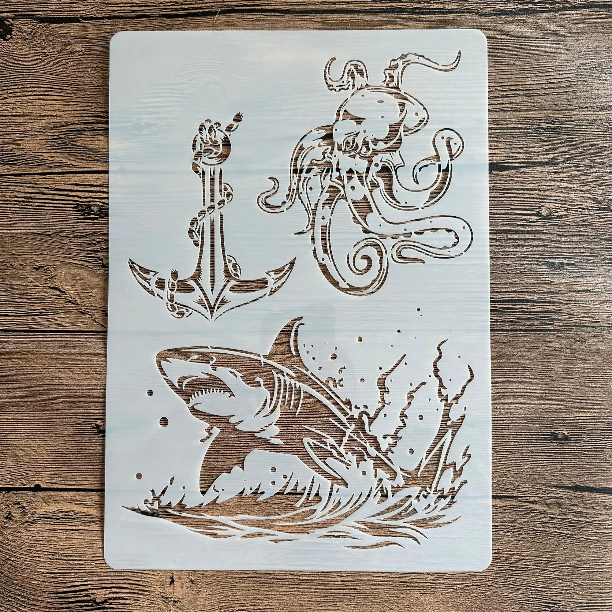 A4 29 * 21 cm DIY Szablony do malowania ścian Scrapbook Kolorowanie Wytłaczanie Album Dekoracyjny Szablon kartki papierowej, Ocean Shark Octopus