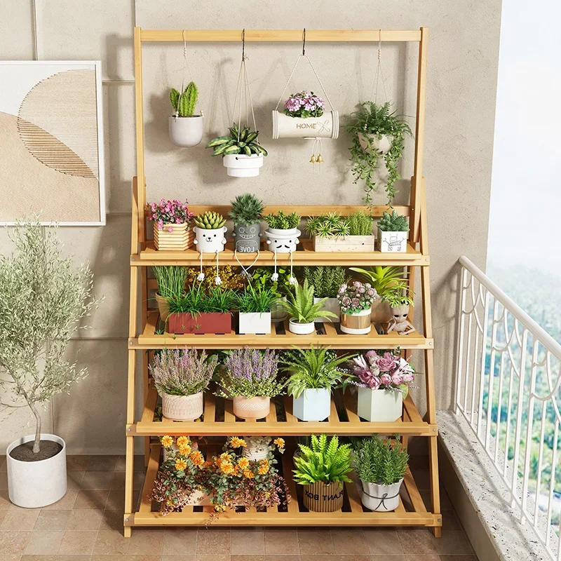 رف زهور من الخشب الصلب رفوف نباتية متعددة الطبقات قابلة للطي تصميم أصلي رف نبات للشرفة أثاث خارجي يدعم FYPS