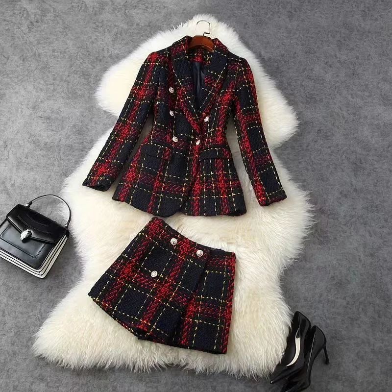 

Women Winter Vintage Tweed Thicken Suit Double breasted Jacke Coat And Skirt Short Two Piece Set Outfit Jacquard Warm Clothing