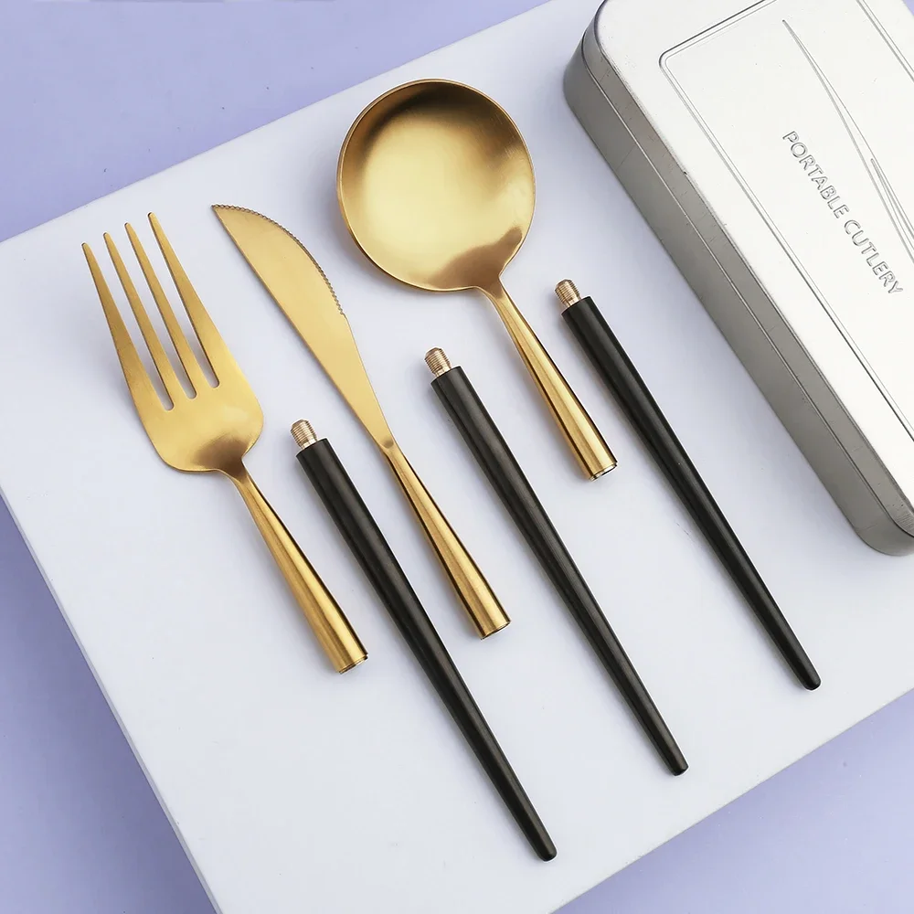 Portable Matte Stainless Steel 304 Detachable Tableware Set Dishwasher Safe Luxury  Flatware Camping Cutlery Silverware With box