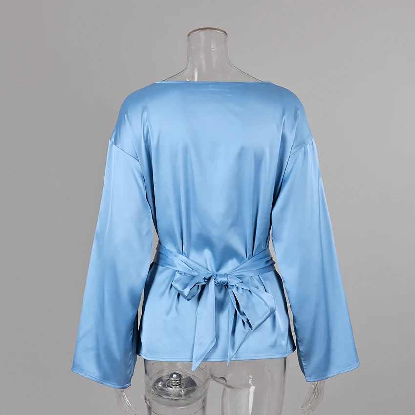Women's Brown Satin Cross Blouse - Long Sleeve O Neck Top
