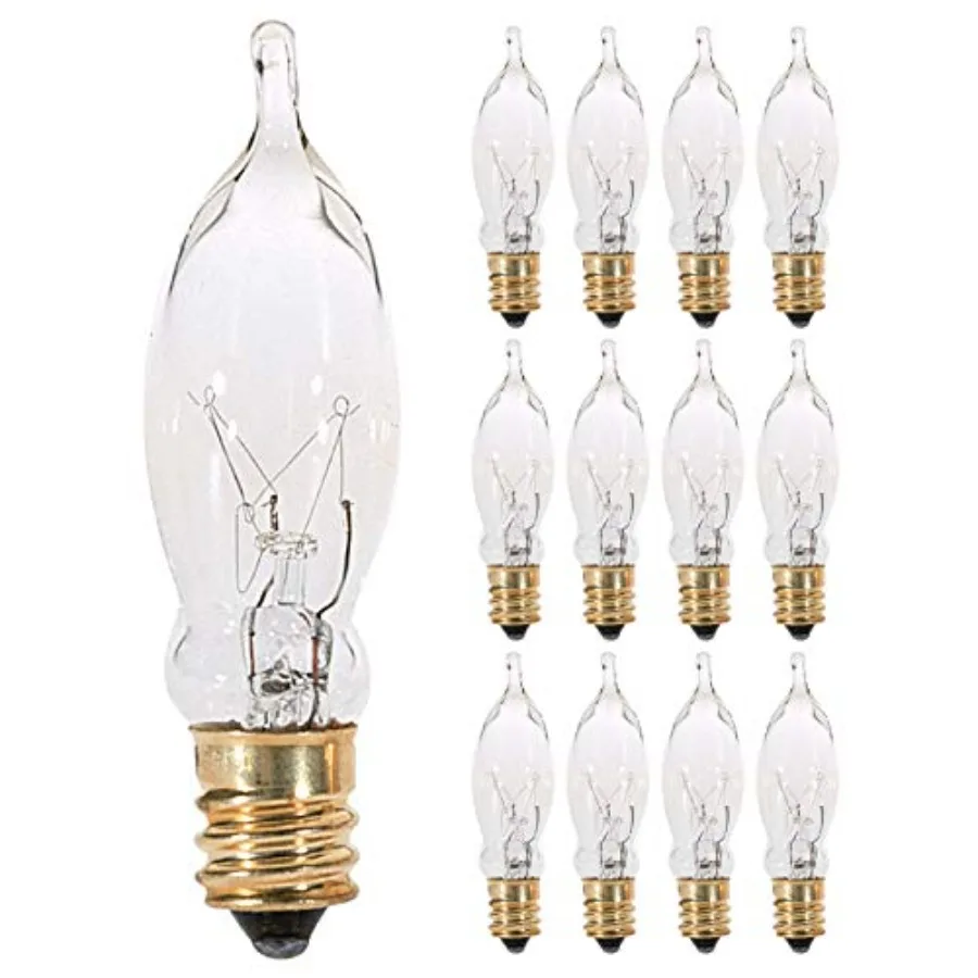 12 Pack 7.5CFC/15/3 7.5W 120 Volt, Flame Candelabra Tip Chandelier Bulb, Clear CA5 Incandescent, Petite Decorative Lamp, E12 Ca