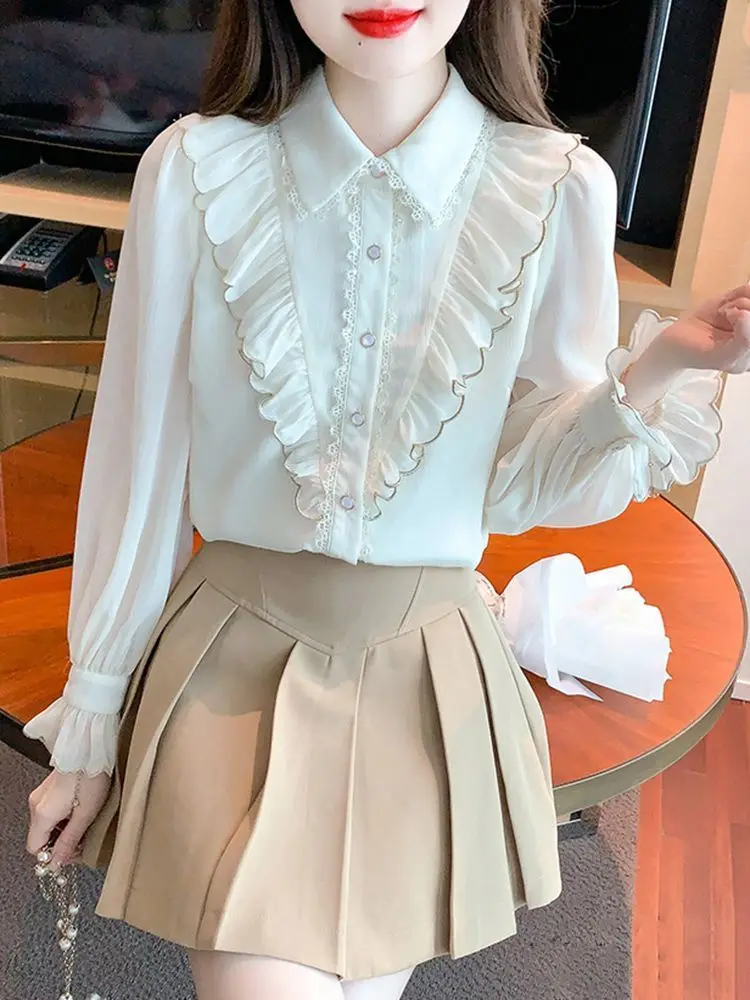 Lotus Leaf Edge Long Sleeved Chiffon Shirt for Women New French Style Style Top Youthful and Beautiful Little Shirt