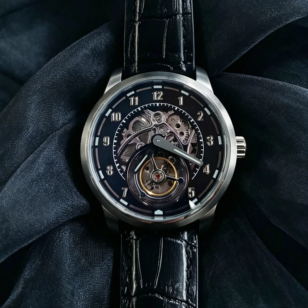 Flying Tourbillon Watch for Men Classic Style Skeleton Movement Handwind 28800 BPH Ice Blue Luminous