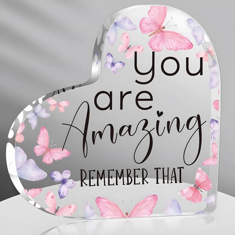 CIFBUY Acrylic Heart Shaped Plaque 2D Flat Pink Butterfly Inspirational Gift For Women Versatile Home Decor Art Ornament