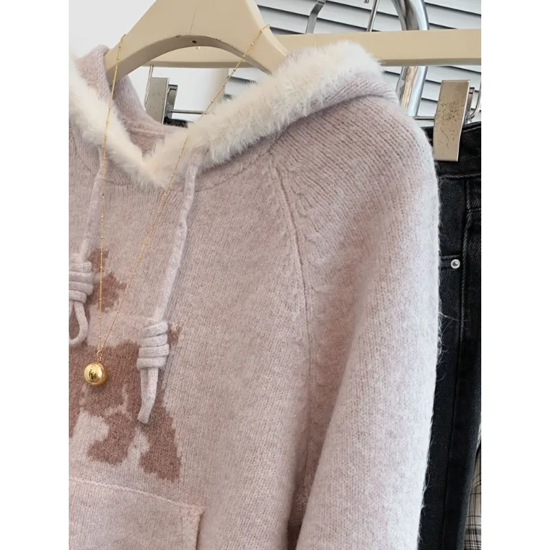 الوردي محبوك قناع السترة محبوك سترة للنساء الخريف الشتاء فضفاضة سميكة الراقية مقنعين البلوز لملابس خارجية #3