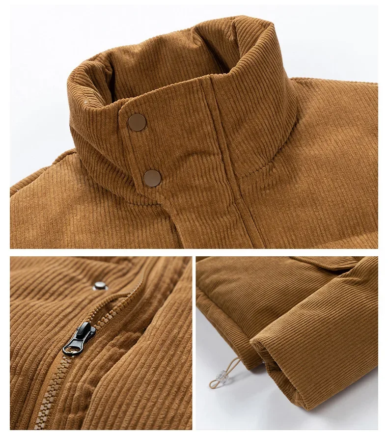 남성용 따뜻한 파카 겨울 코트 코듀로이 코튼 오버사이즈 재킷 캐주얼 스탠드 칼라 솔리드 지퍼 코트 남성 겨울 따뜻한 아우터웨어