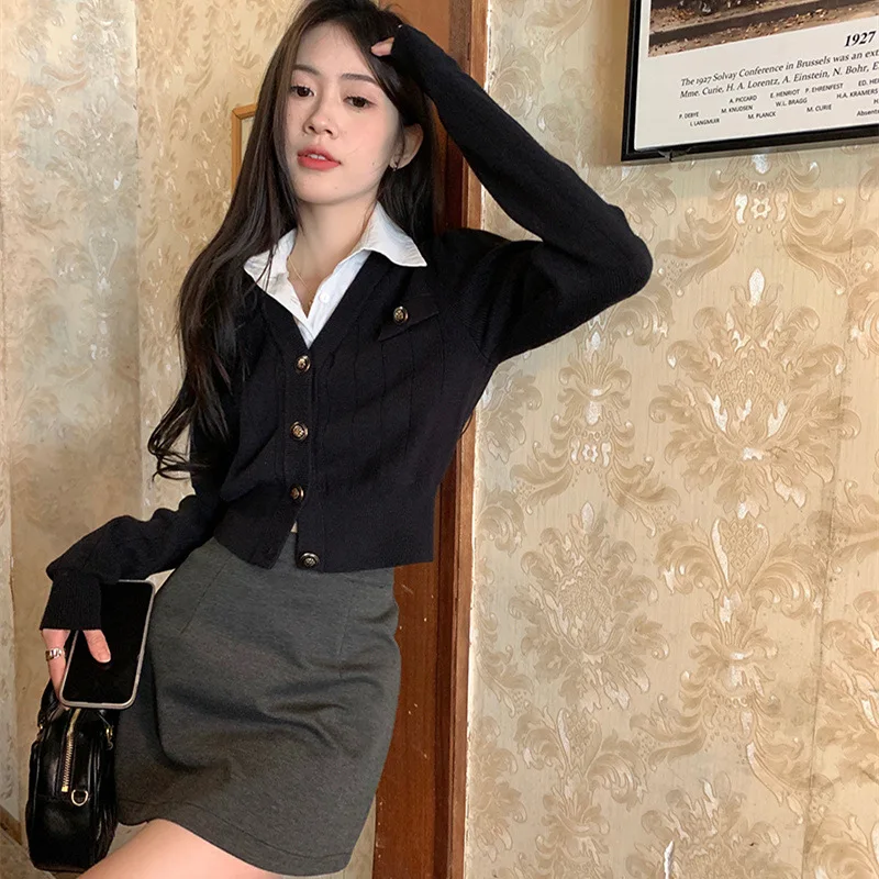 College Style Vacation Two-piece Polo Neck Knitted For Women In Early Autumn Fit And Slim Waist ColleCtion Short Sweater