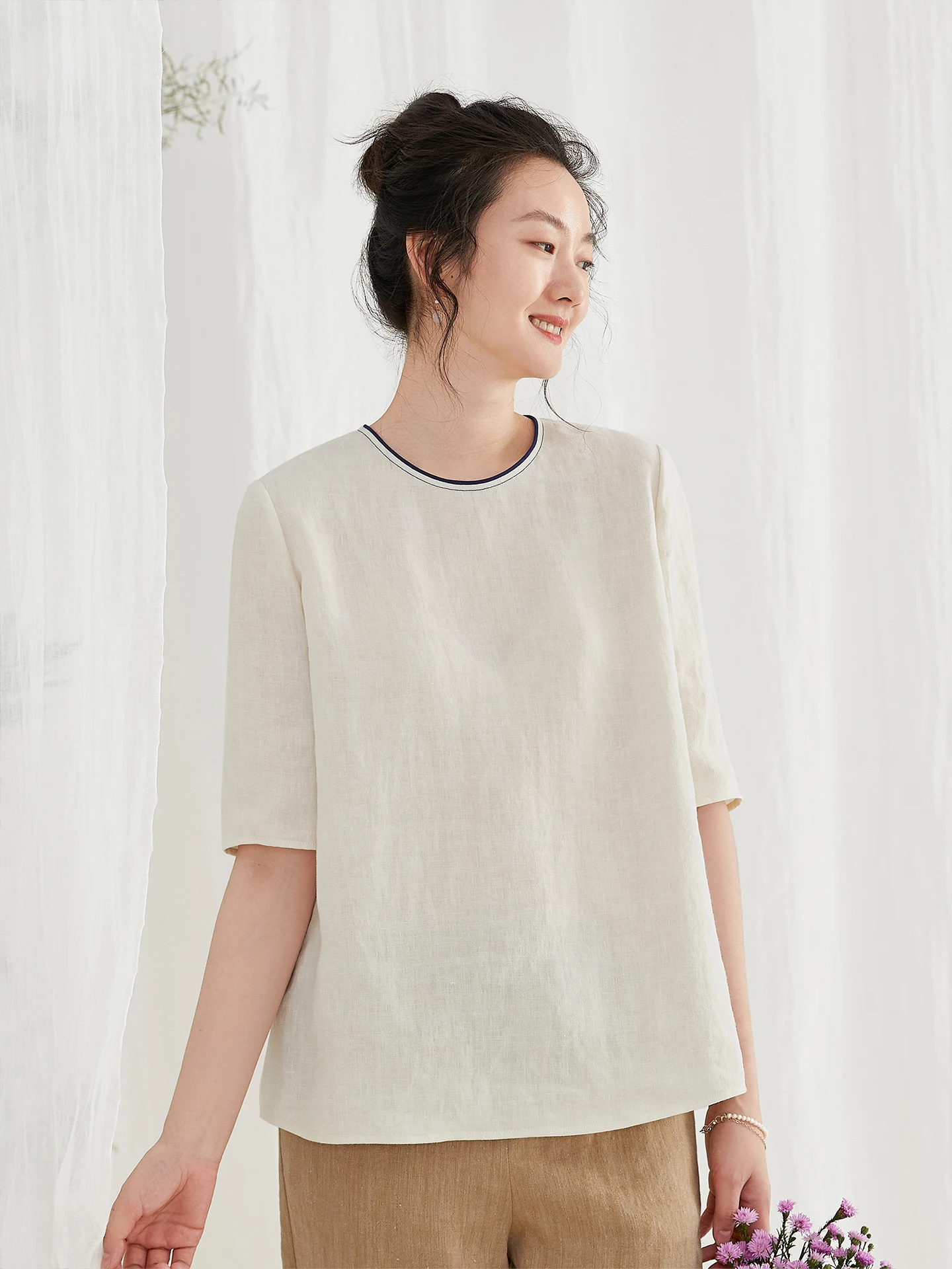

Ruyi Original Han Hanflax Women's Shirt White Short Sleeve round Neck Chinese Style Top Breathable Lightweight Summer Fashion