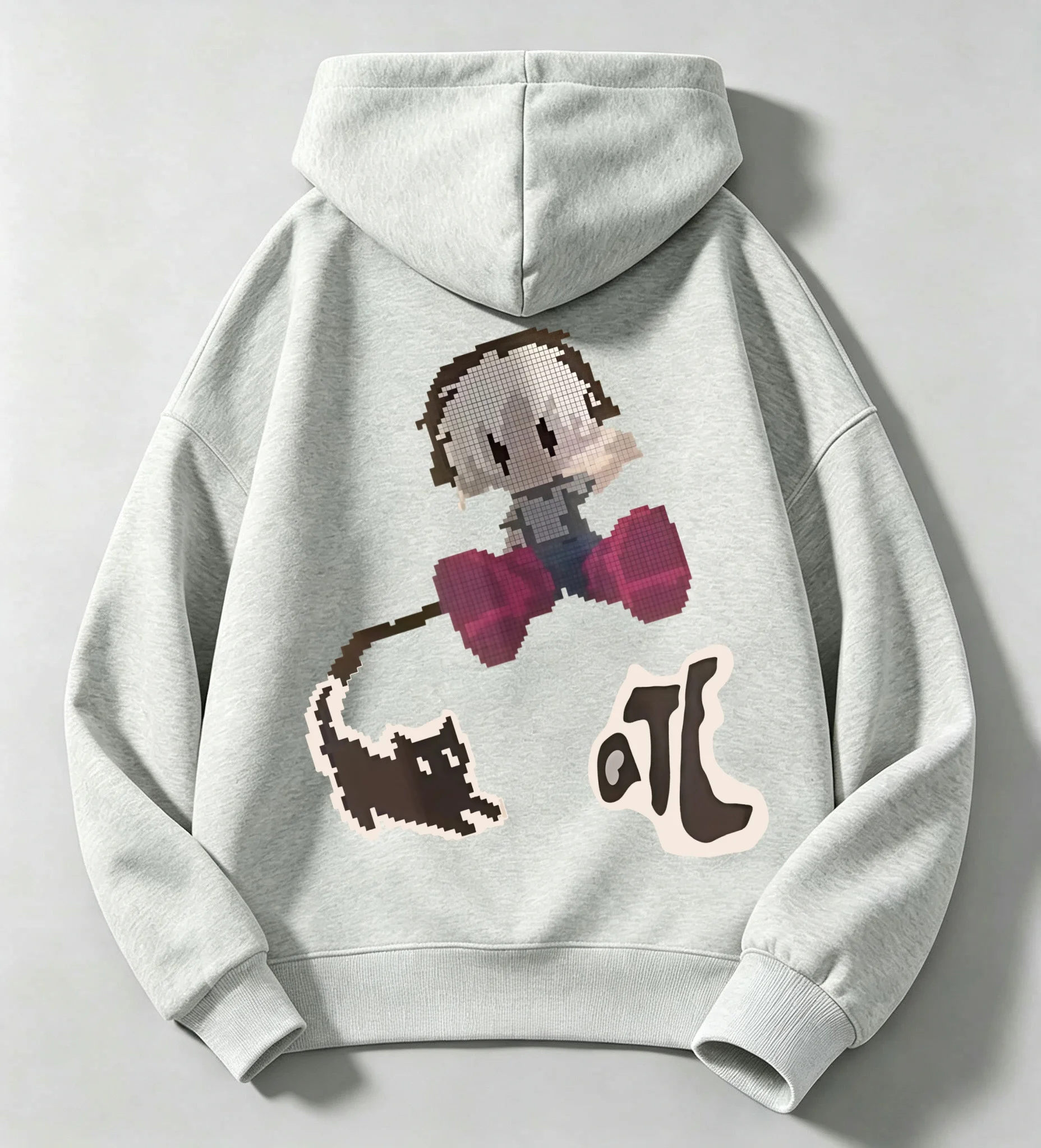 Autumn/Winter Children's Hooded Sweatshirt with Pixelated Cartoon Back Print Crewneck Casual Warm-Up Shirt