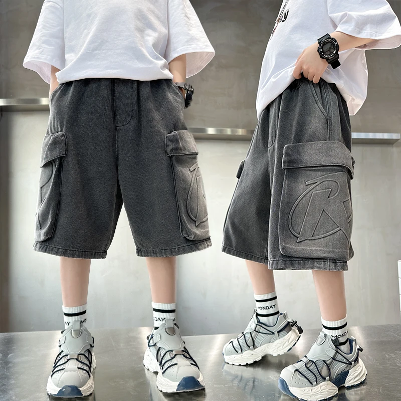 

Loose Style Kids Child Summer Denim Cargo Shorts with Big Pocket For Teens Boy Knee Length Distressed Jeans Capris Pants 5-14 T