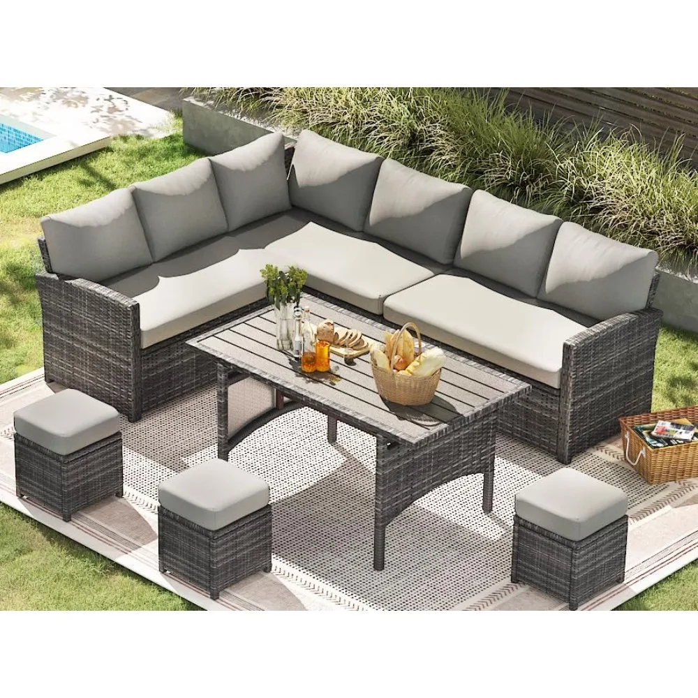 

7 Pieces Patio Furniture Set, Sectional Sofa Conversation Set, All Weather Wicker Rattan Dining Table, Garden Furniture Sets