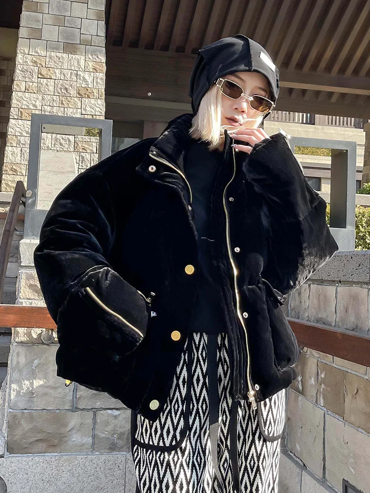 European station Black velvet 90% Winter Duck Down Coat Women Stand Collar Metal Single Breasted Short Warm Down Puffer Outwear