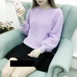 Jesień Zima Imitate Mink Wool Hot Flecing Sweet Y2K Korean O-neck Bishop Sleeve Sweater Women Knitted Tops Pullovers Solid