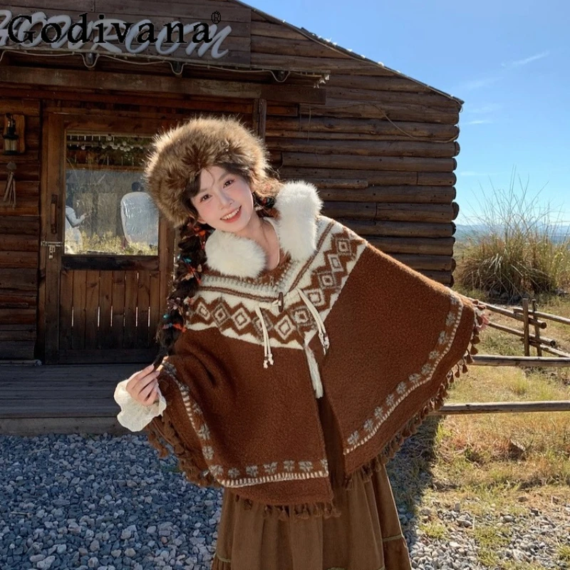 

Jacquard Hooded Fleece Sweater Capes for Women Tassel Design Retro Loose Ponchos Female Winter Japanese Lolita Capes Coat