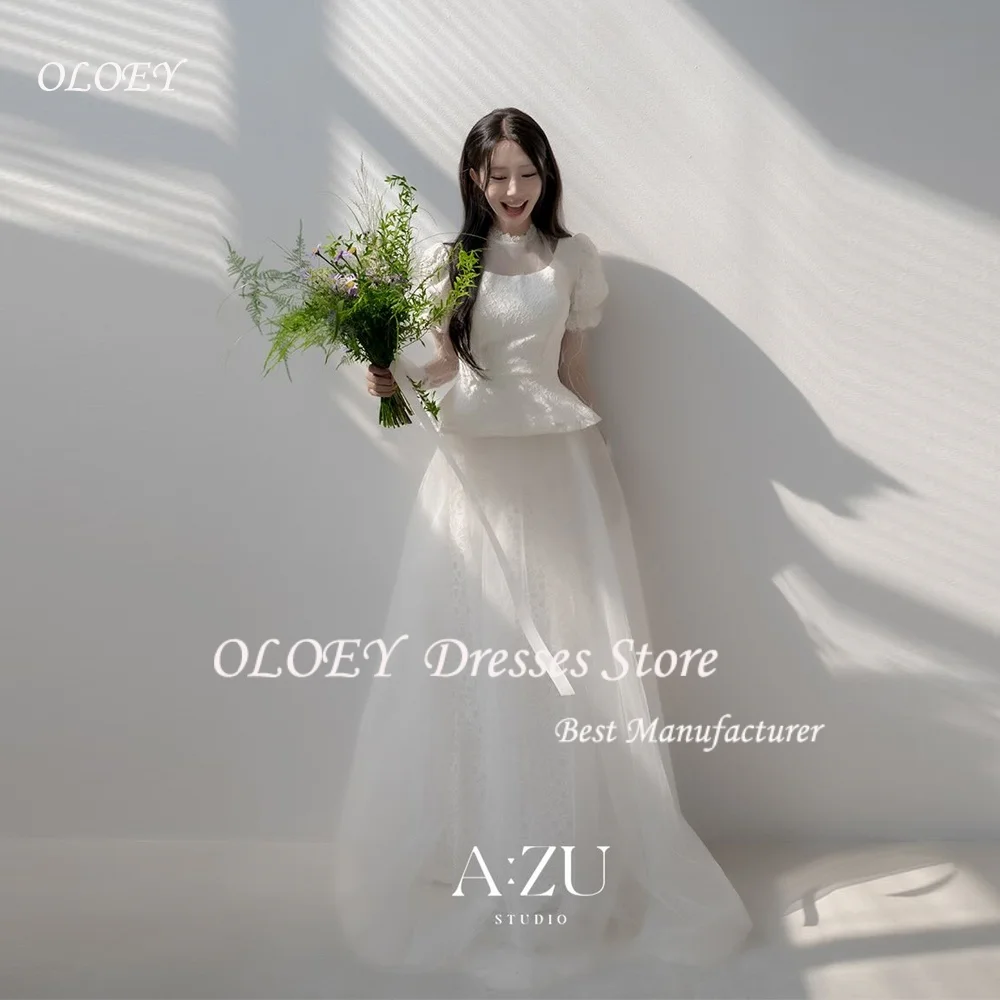 OLOEY – robe de mariée froncée, col rond, élégante, Simple, ligne a, manches bouffantes, ivoire, personnalisée