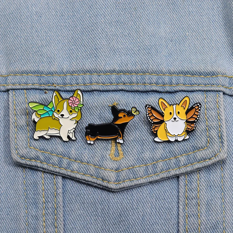 Cute Corgi Shape Enamel Pins Fairy Corgi with Butterfly with Tail Brooches Lapel Badge Backpack Clothes Accessories Jewelry Gift