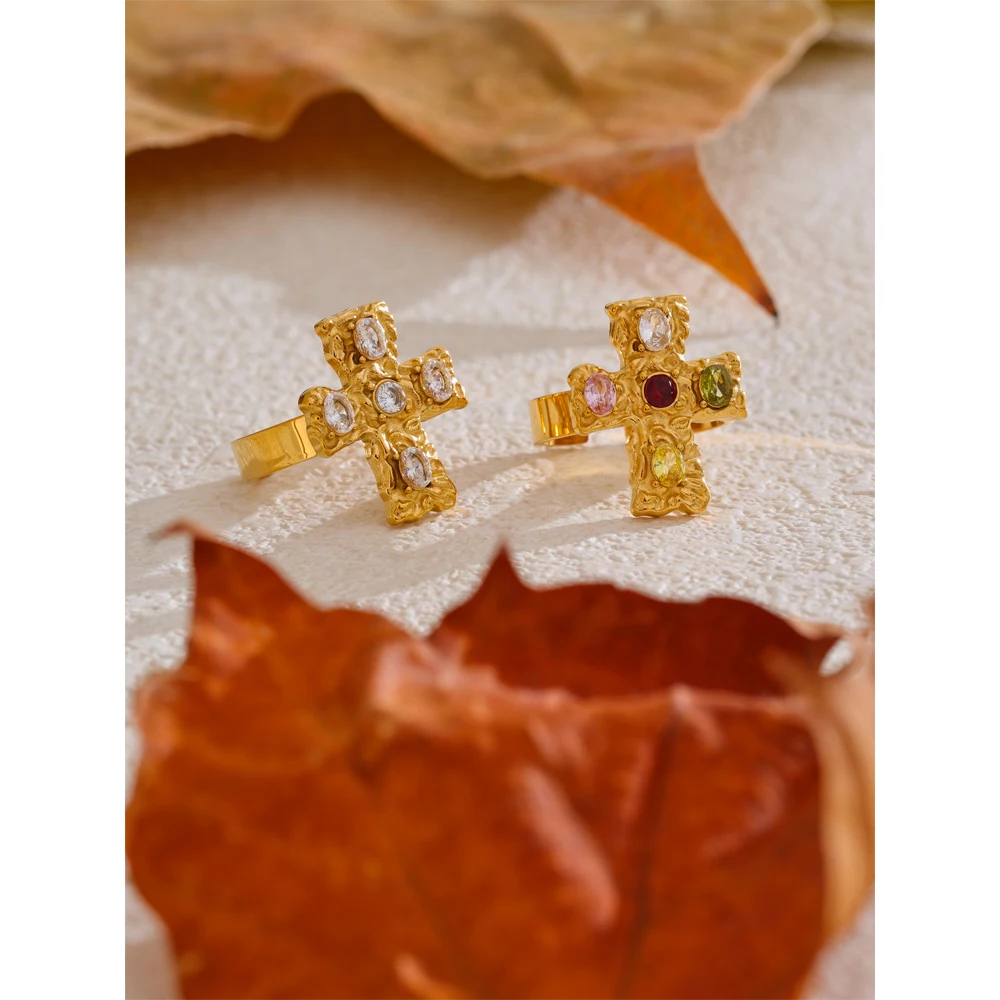 Yhpup Vintage Colorful Cubic Zirconia Cross Open Adjustable Golden Ring Stainless Steel PVD Plated Trending Finger Jewelry Gift