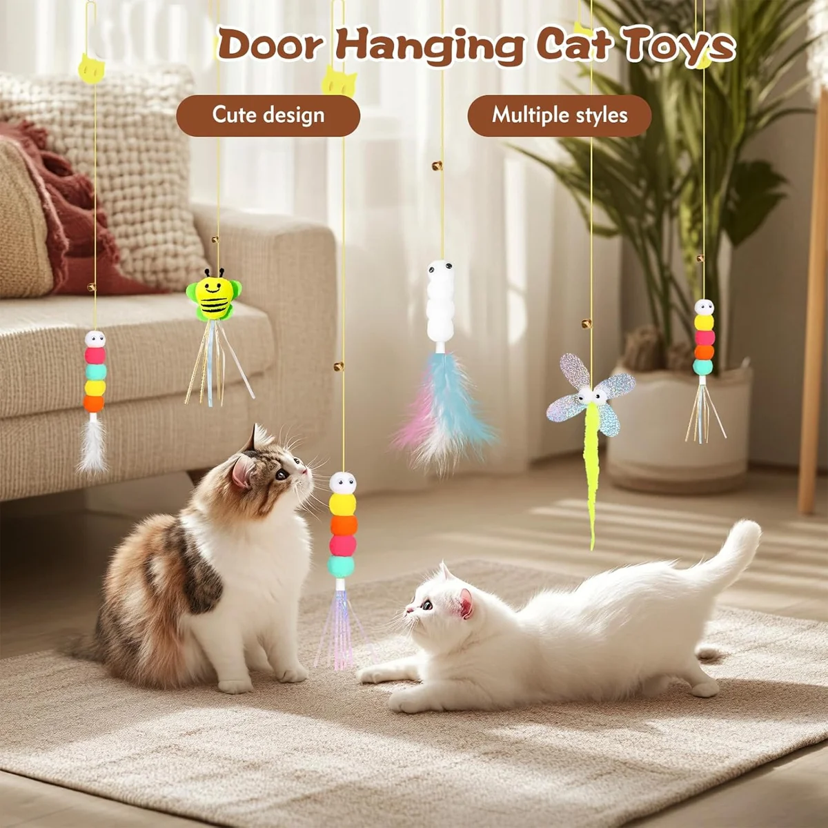 4Pcs Interactive Indoor Cat Toys Hanging Toys With Feathers Bells On The Spring Strings Door-Hung Self-Entertaining Kitten Toys
