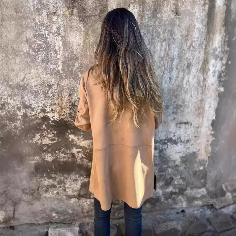 Autumn Women's Casual Long Sleeved Lapel Solid Color Jacket Pocket Button Medium Length Jacket Single-breasted Commuting Jacket