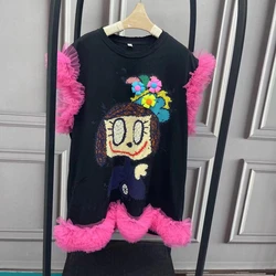 Women Summer Graffiti Cartoon Printed Diamonds Beaded T-shirts Loose Medium Length Mesh Spliced Ruffles 3D Flowers Tees Tops