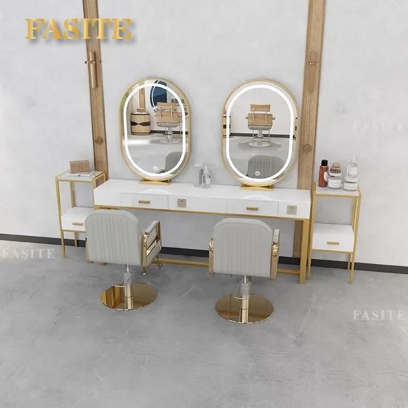 For Hair Barber Shop Luxury Mirror Table with LED Lights Integrated Vanity Station for Perm Dyeing Styling High End