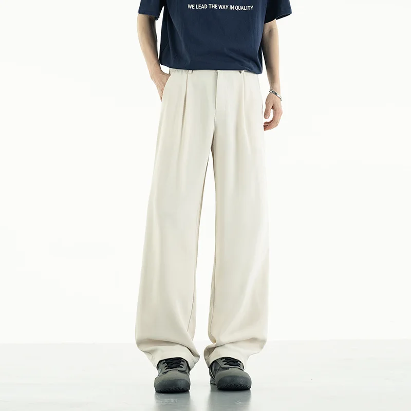 

Мужские костюмные брюки, летние деловые повседневные драпированные прямые расклешенные широкие брюки с морщинами, модные облегающие свободные брюки