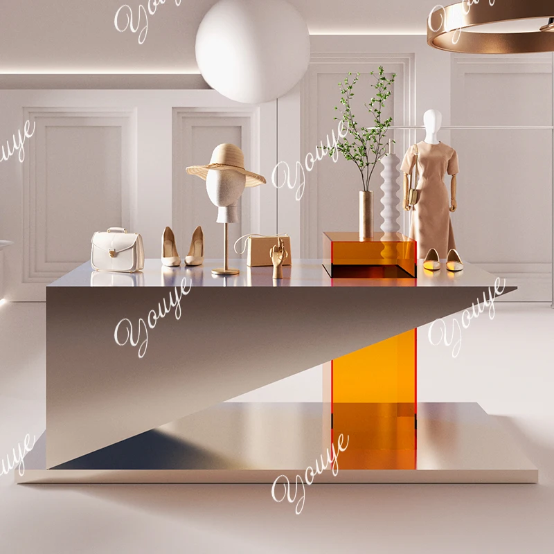 Clothing store, island platform, stainless steel brushed display table, acrylic display table, custom shoe and bag display table