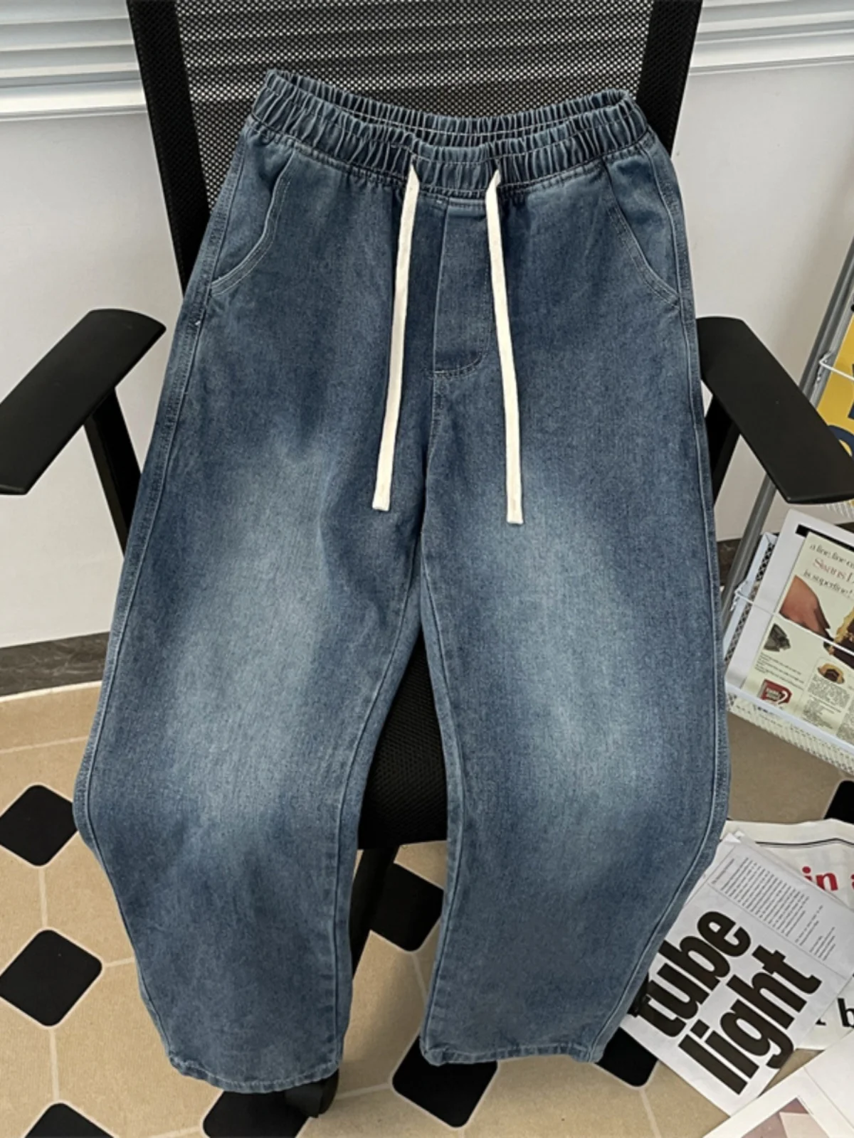 

2024 Men Spring Summer New Elastic Waist Baggy Jeans Men's Loose Straight Casual Pants Male Solid Color Denim Trousers F203