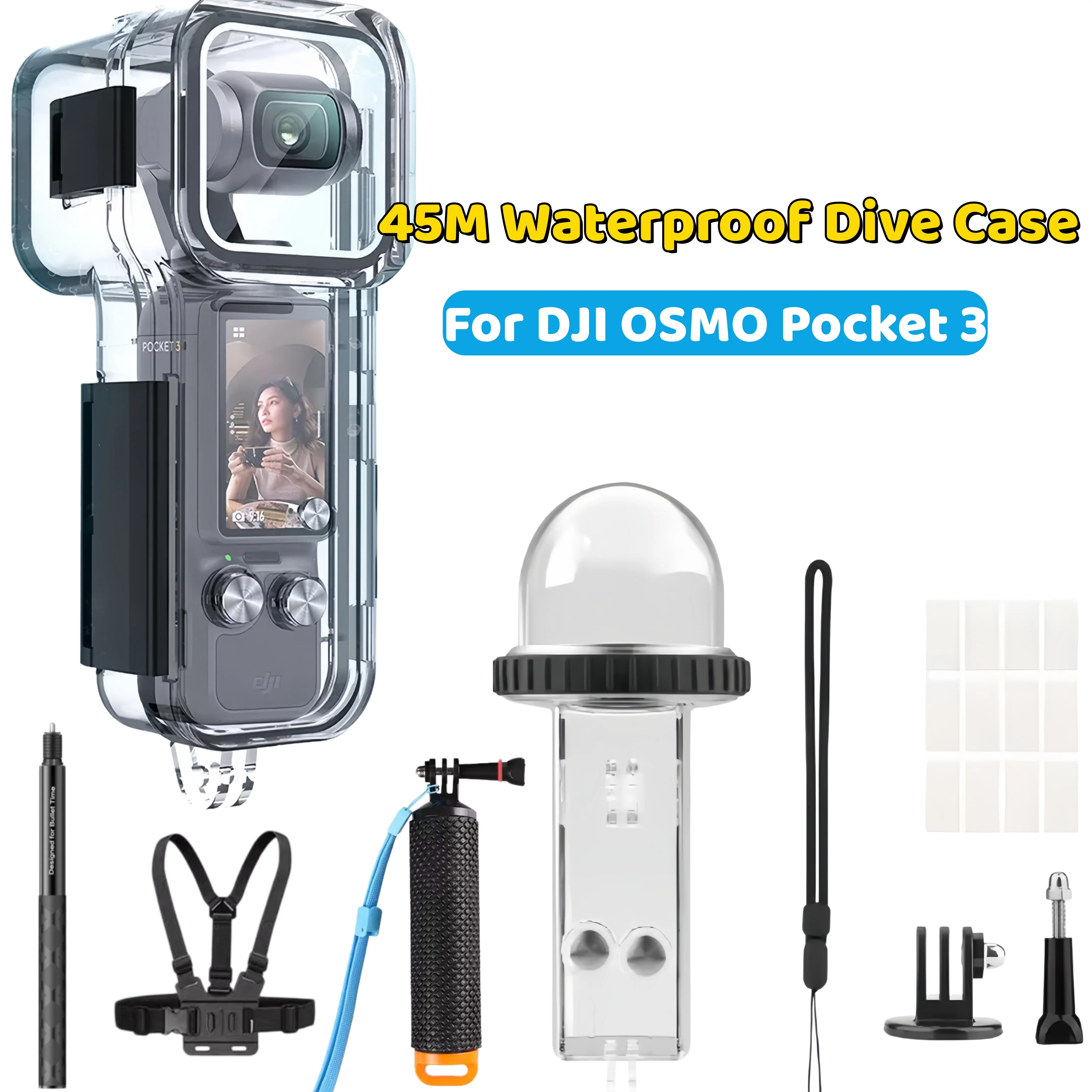 For DJI OSMO Pocket 3 Waterproof Case 45M Underwater Diving Housing Cover Selfie Stick Float Rod UV Chest Strap Accessories Kit