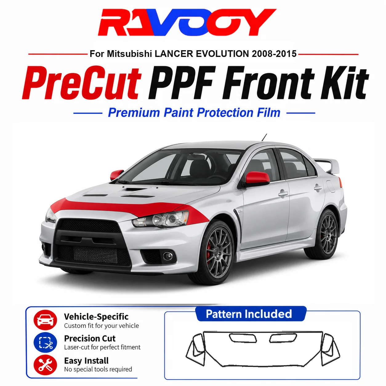 Kit de Película Protetora (PPF) de TPU Pré-Cortada de 8.5mil para Mitsubishi LANCER EVOLUTION 2008-2015 - Conjunto para Capô, Para-lamas e Espelhos - Película Transparente Autorregenerativa