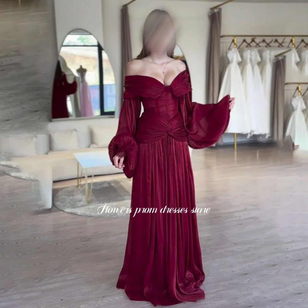 Flowers Burgundy Prom Dress with Lace Mermaid Party Dress with Pleats Lantern Sleeve Gala Dress فساتين مناسبة رسمية Customized