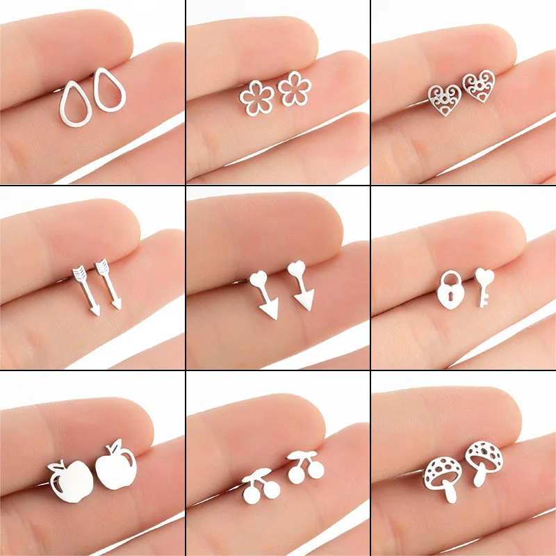 New Trendy Asymmetric Key Lock Earrings Geometric Hip Hop Wild Love Arrow Mushroom Apple Flower Jewelry Gift Wholesale