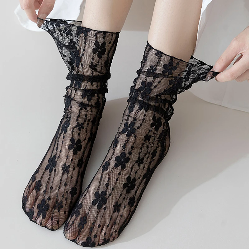 1Pair Women Middle Tube Socks Lace Sweet Floral JK Lolita Japanese Hollow Out Long Sock Thin Breathable High Quality Loose Sox