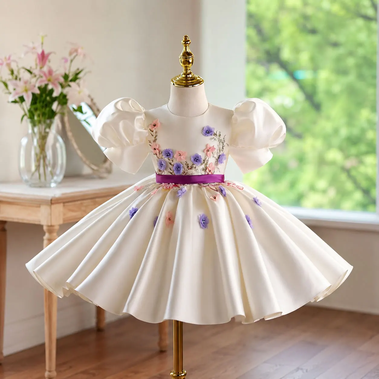 Jill Wish D276 Elegant Ivory Puff Sleeve Flower Girl Dress with 3D Floral Embroidery, Toddler Princess Party Dress