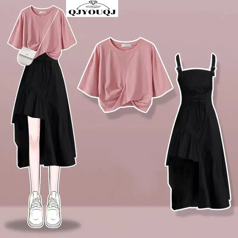 2024 Spring/Summer Korean Edition New Slim Fit Strap Skirt Design Fashion Two Piece Set Gentle Pink Short Sleeves