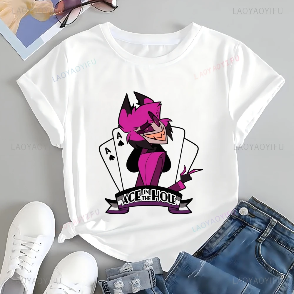 الكلاسيكية الرسوم المتحركة Hazbin فندق نمط طباعة أزياء تي شيرت، للجنسين عارضة الشارع الشهير، الربيع / الصيف أعلى القطن تي شيرت