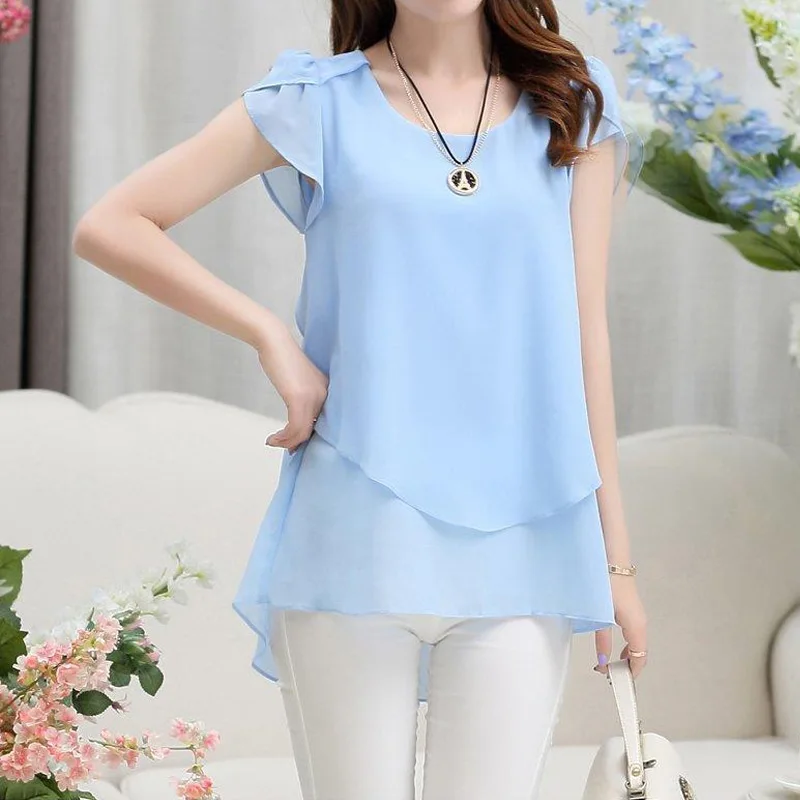 Summer Women\'s Chiffon Shirt Korean New Short Sleeve Solid Color Loose Asymmetrical Vintage Loose Blouse Casual Fashion Clothing