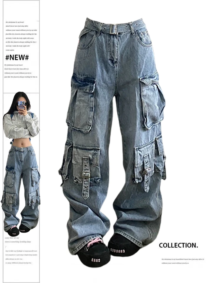 Women's Blue Baggy Cargo Jeans Korean Y2k Harajuku High Waist