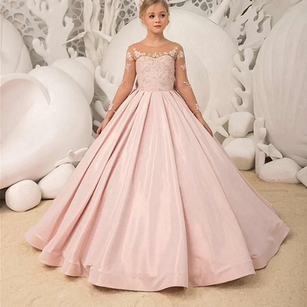 Rosa Blumen mädchen kleider mit Schleife, langem Tüll, Gold applikationen, Prinzessin Hochzeit Geburtstags feier kleid, Kinder wettbewerb Ballkleider