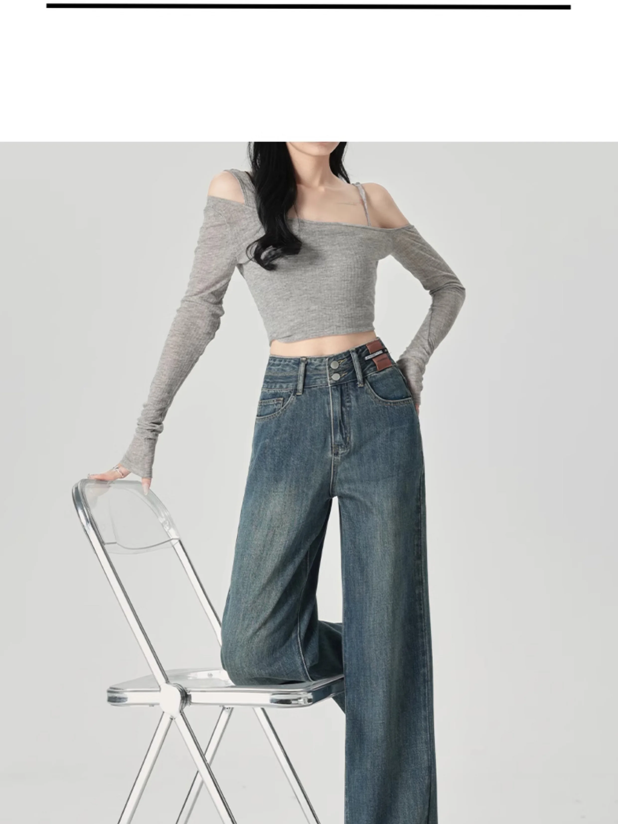 Schmal geschnittene Damenjeans mit weitem Bein, hoher Taille und hängendem Gefühl, gerades Bein, lässiger Look, schmale Hose in Kontrastfarben – Detail 4