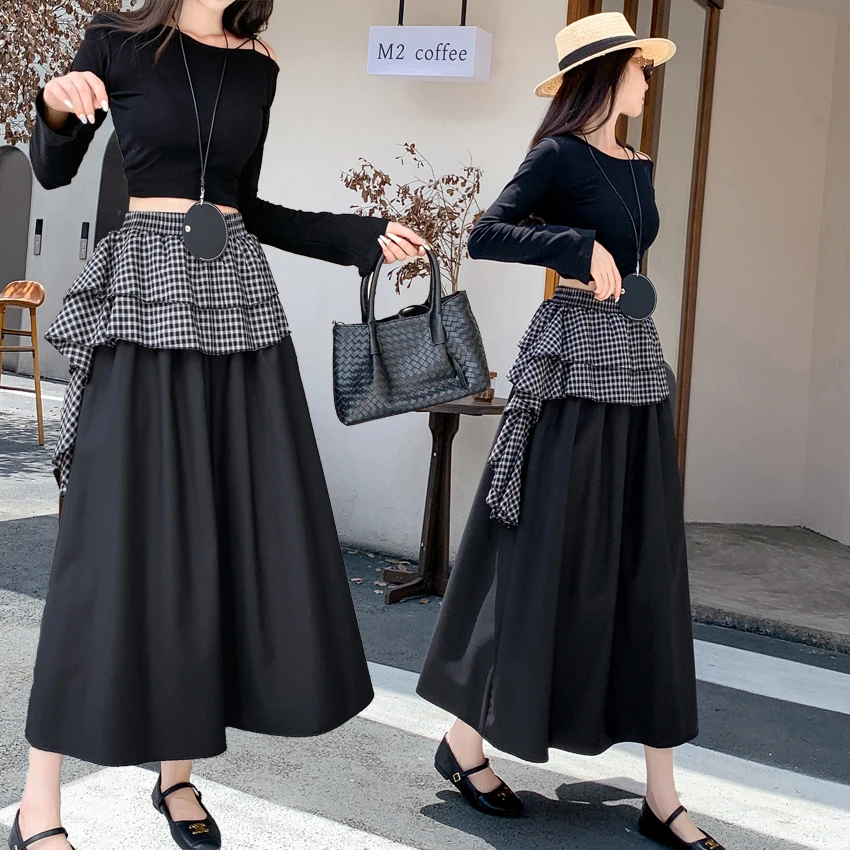 

Модная женская юбка миди в стиле пэчворк, осенняя, уникального А-силуэта, асимметричного дизайна, для повседневной носки, с высокой талией, из смесового полиэстера