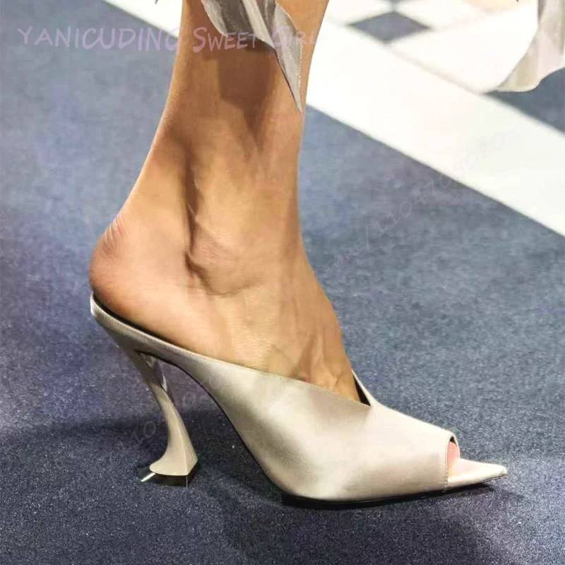 

Wine Red Corduroy Pointed Open Slippers Women Wine Glass Stiletto Heels Silk Nude Satin Shallow Sandals Blue Leather Patent Shoe