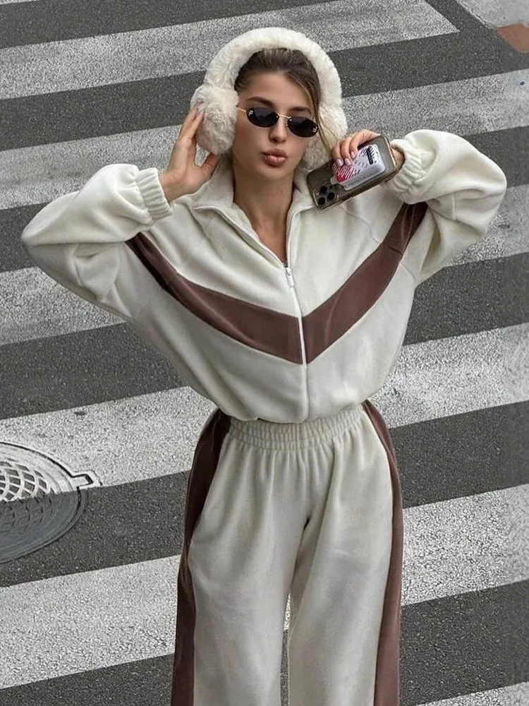 

Модный короткий топ на молнии с длинными рукавами + спортивные штаны, комплект из 2 предметов для женщин, элегантный свободный повседневный спортивный костюм с расписанием цветов, женский