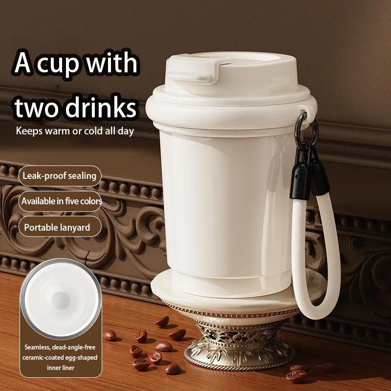 Cross‑Border Ceramic Liner Coffee Cup Double Wall Vacuum Insulated Cup With Lanyard Car Travel Cup 304 Stainless Steel