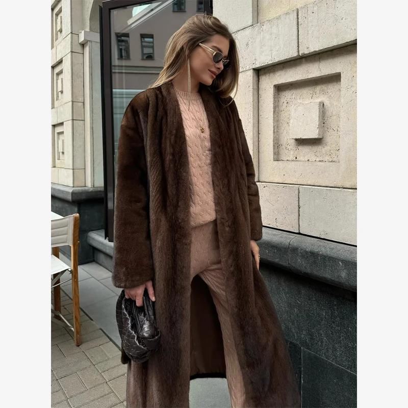 Luxury Faux Fur Maxi Coat Chic Open Front Stand‑collar Long Sleeve Oversized Outerwear Winter Women Fashion Autumn Warm 2026 New