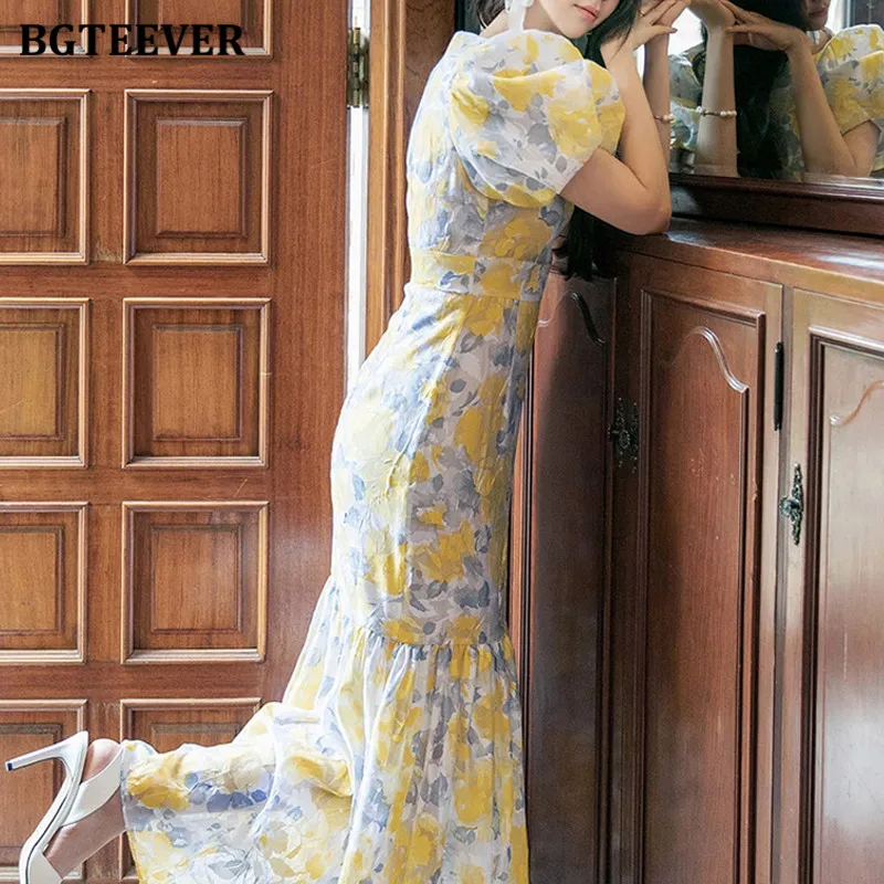 BGTEEVER Vintage Lantern Sleeve Floral Bodycon Dress Women O-neck Slim Waist Female Mermaid Dress Summer Elegant Ladies Vestidos