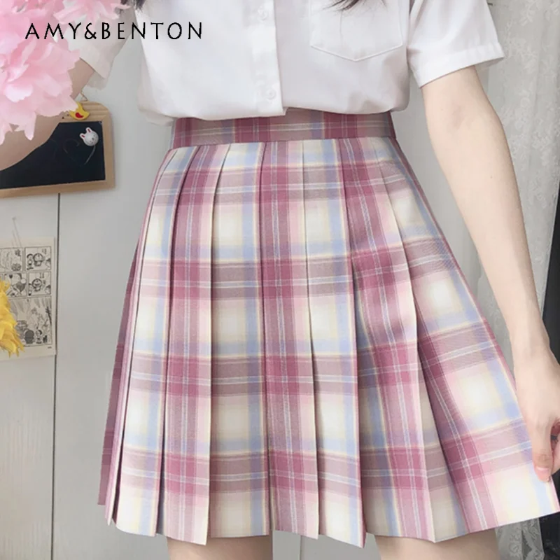 Japanese Style JK Uniform With Pink Beige Color Blocking Plaid Summer High Waist Slimming Versatile Basic Pleated Skirt For Girl