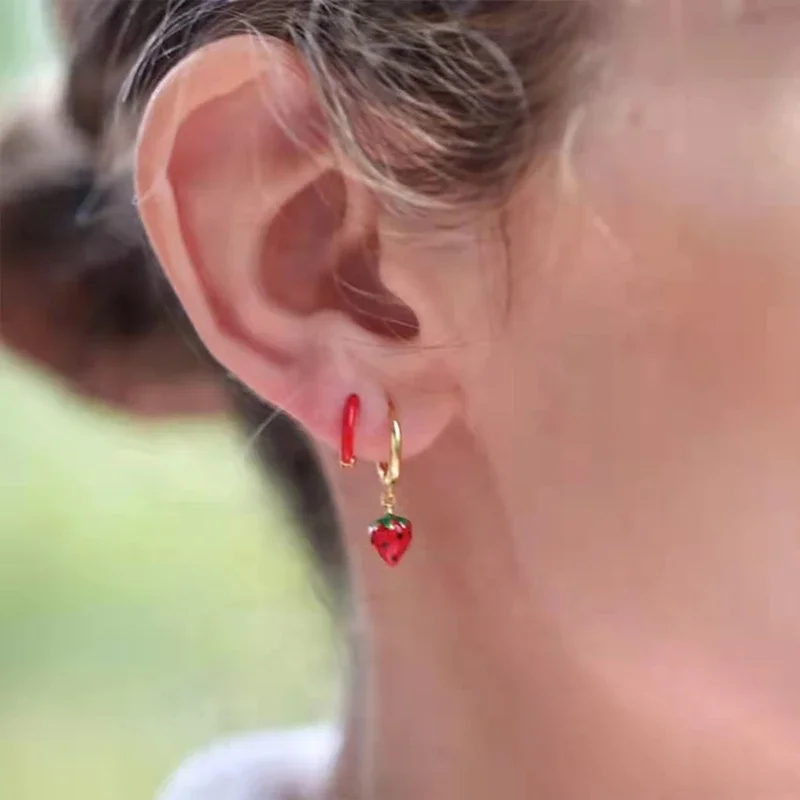 925 Sterling Silver Needle Cute Enamel Fruit Pendant Hoop Earrings for Women Strawberry/Kiwi Fruit/Pepper Gold Earrings Jewelry