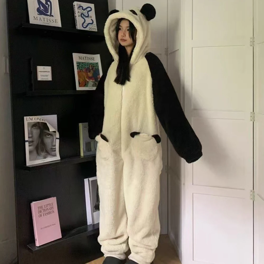 Adult Onesie Pajamas Unisex Animal One-Piece Cartoon Costume Black and White Panda Thick Flannel Warm Cosplay Homewear Sleepwear